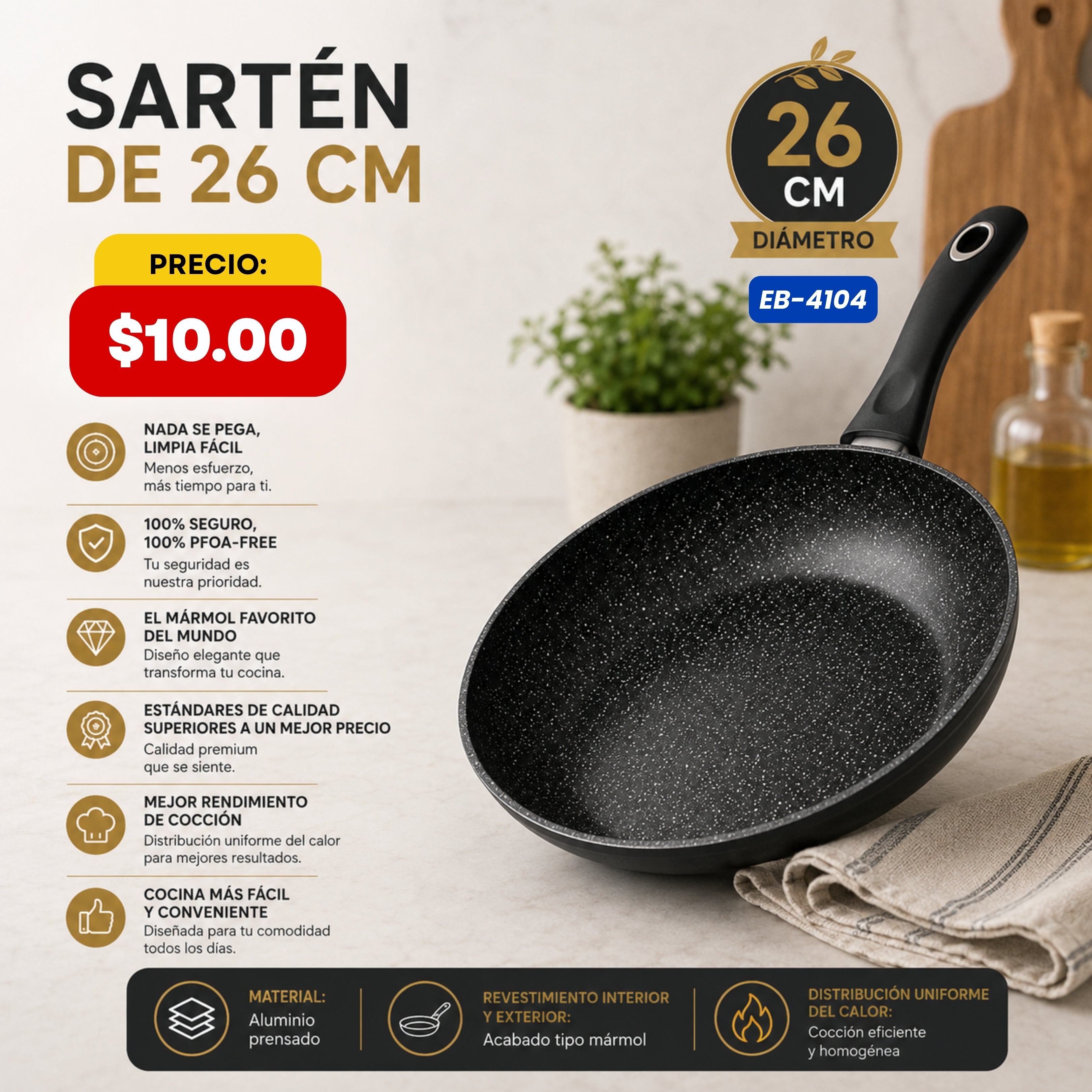 Sartén Antiadherente 26 cm Edenberg - características y especificaciones - Ref. EB-4104
