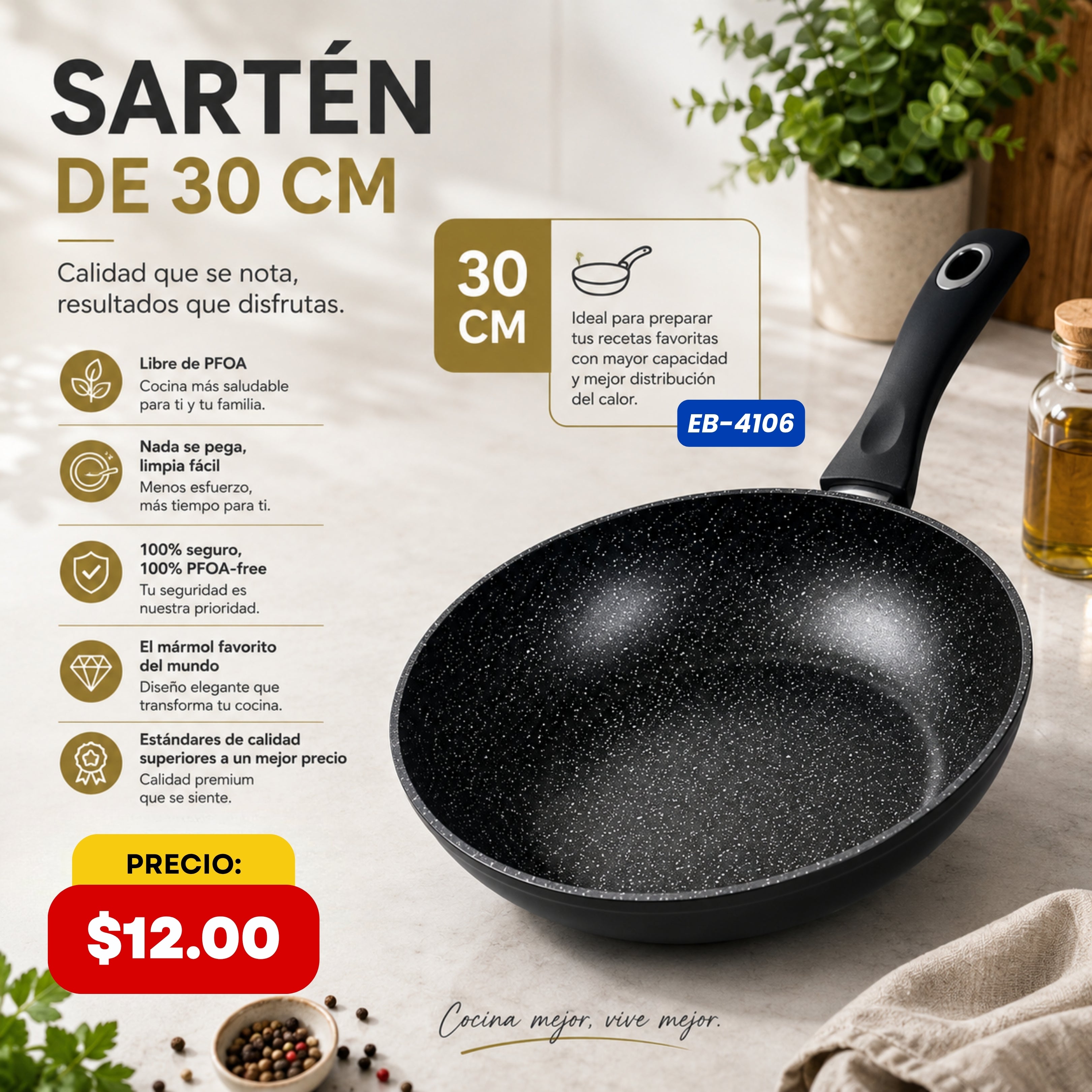 Sartén Antiadherente 30 cm Edenberg - características y especificaciones - Ref. EB-4106