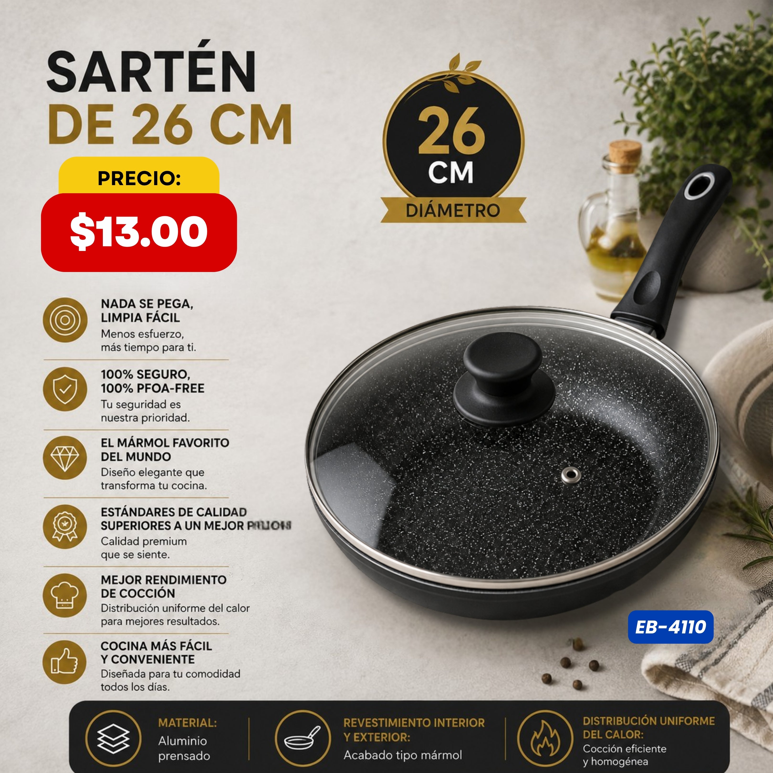 Sartén con Tapa de Vidrio 26 cm Edenberg - características y especificaciones - Ref. EB-4110