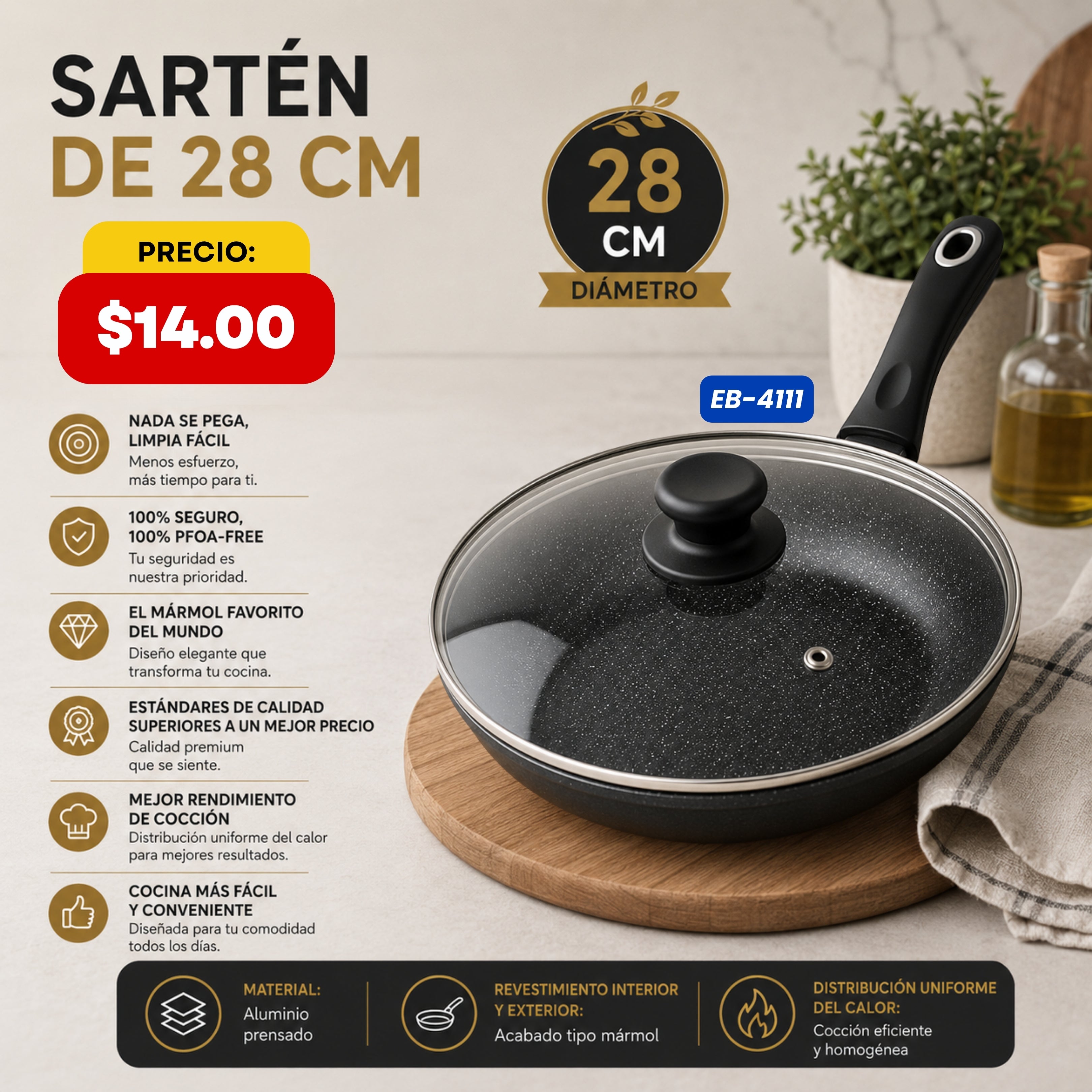 Sartén con Tapa de Vidrio 28 cm Edenberg - características y especificaciones - Ref. EB-4111