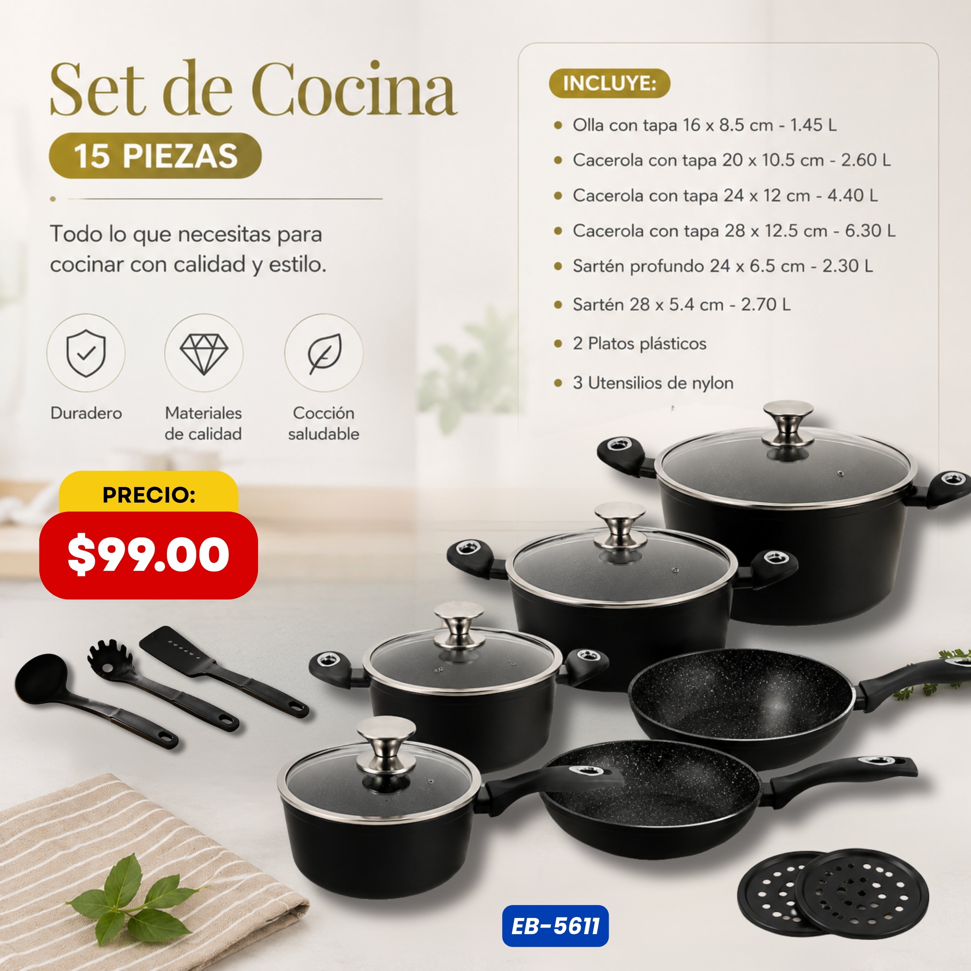 Set de Cocina 15 Piezas Edenberg - características y especificaciones - Ref. EB-5611