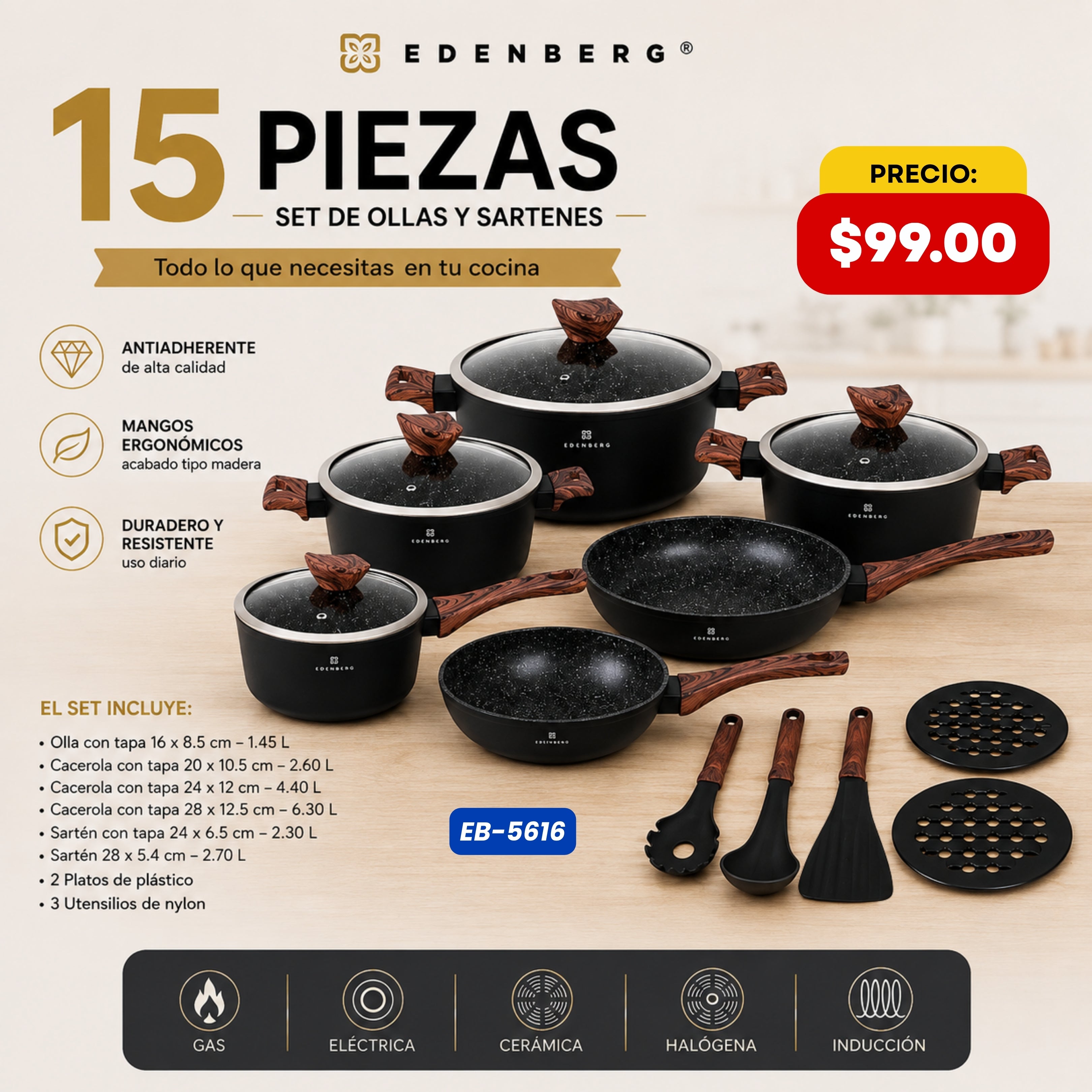 Set de Ollas y Sartenes 15 Piezas — Mangos Tipo Madera Edenberg - características y especificaciones - Ref. EB-5616