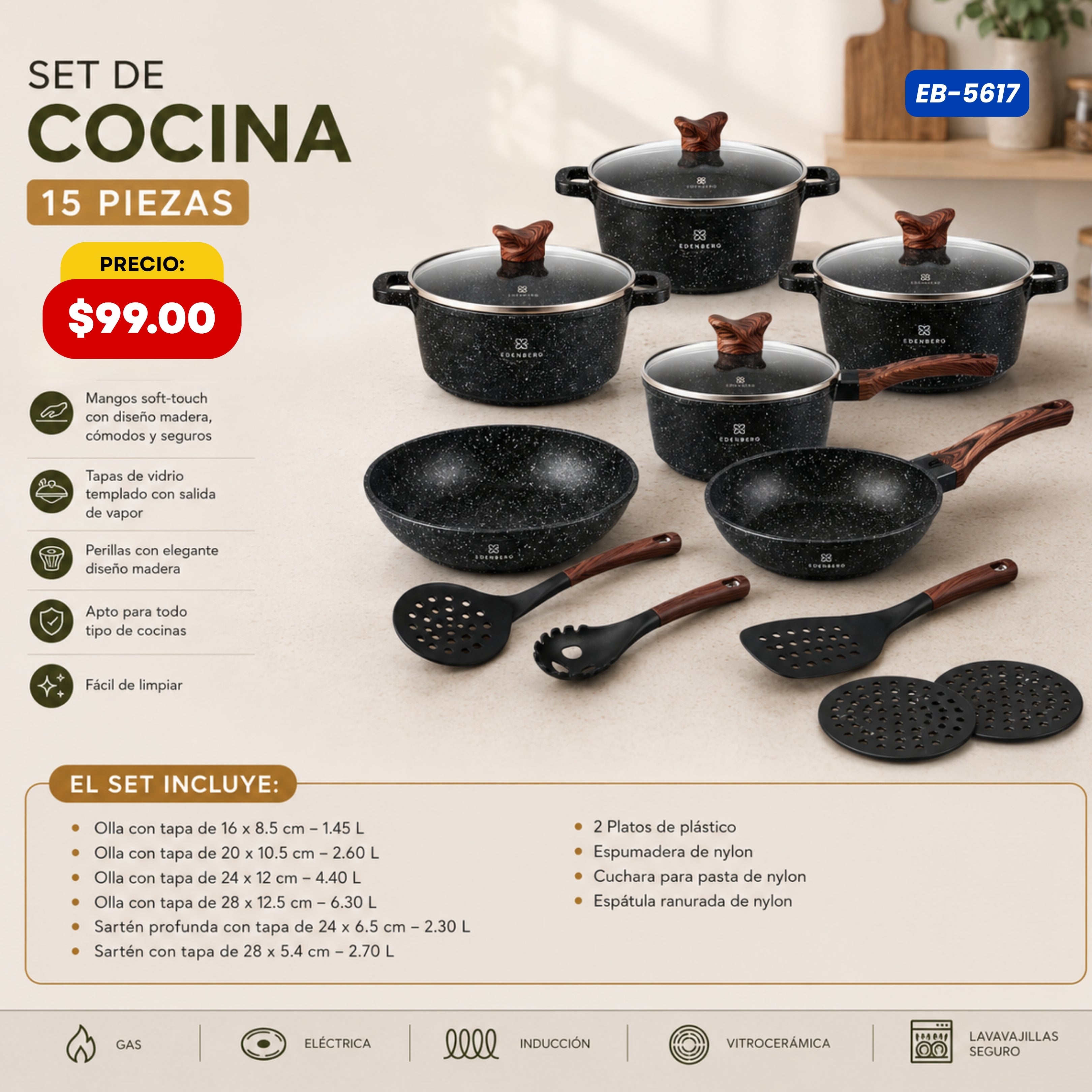 Set de Cocina 15 Piezas — Mangos Soft-Touch Edenberg - características y especificaciones - Ref. EB-5617