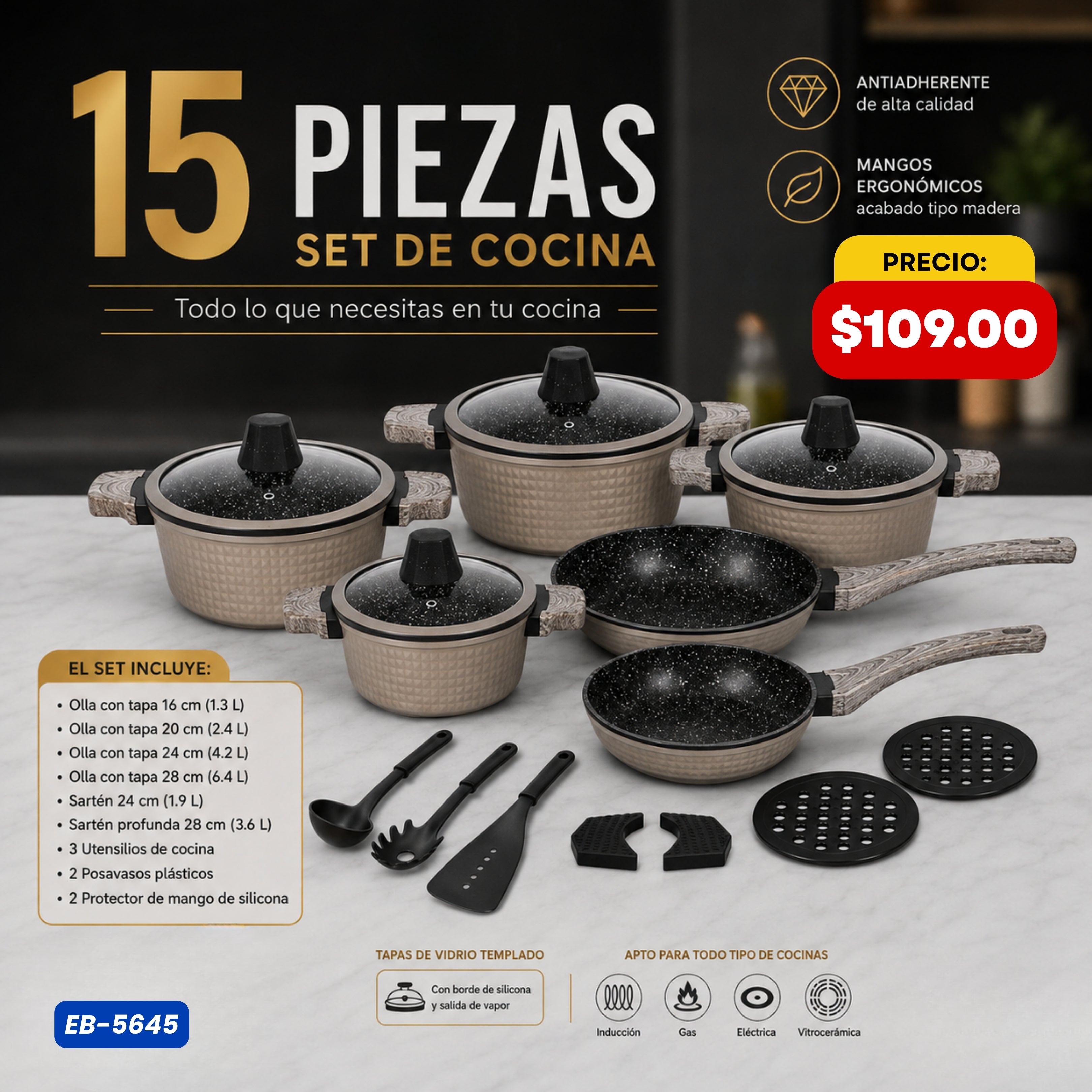 Set de Cocina 15 Piezas — Beige Edenberg - características y especificaciones - Ref. EB-5645