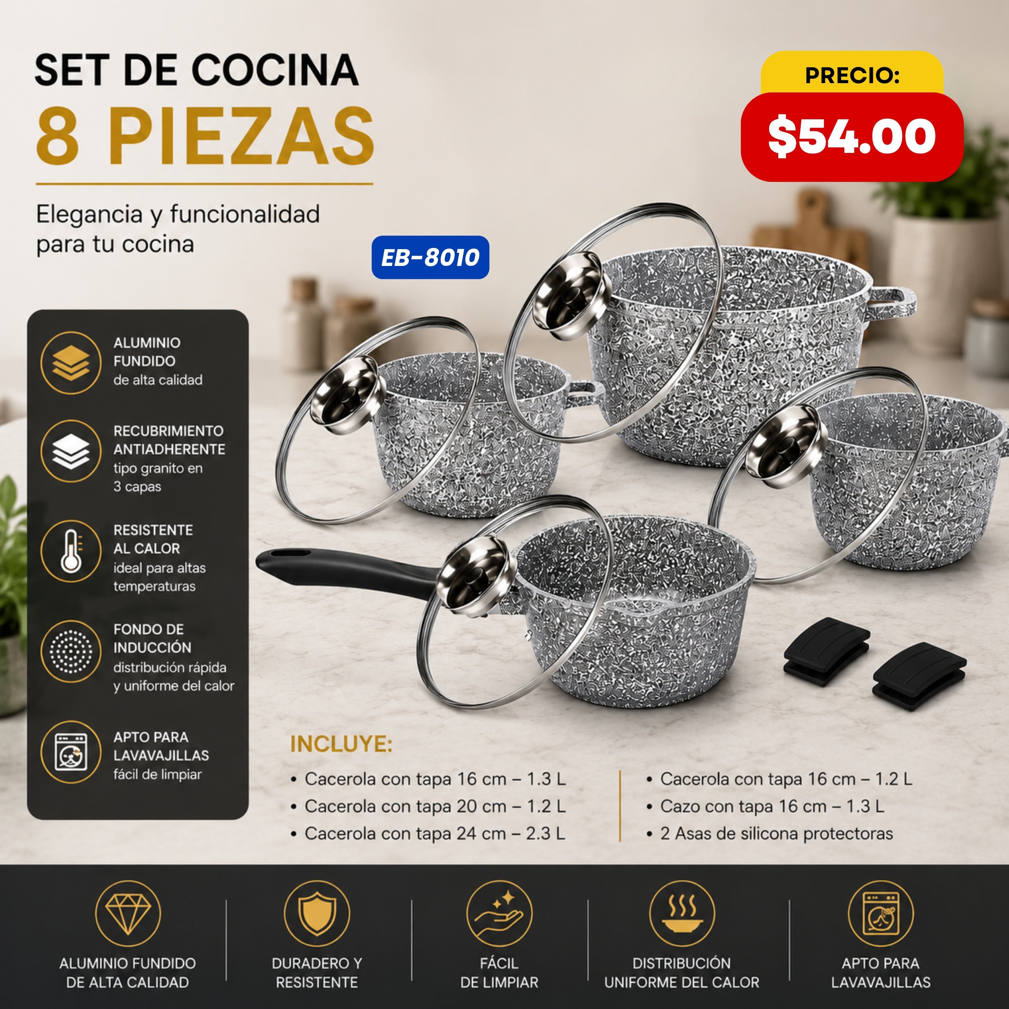 Set de Cocina 8 Piezas — Granito Gris Edenberg - características y especificaciones - Ref. EB-8010