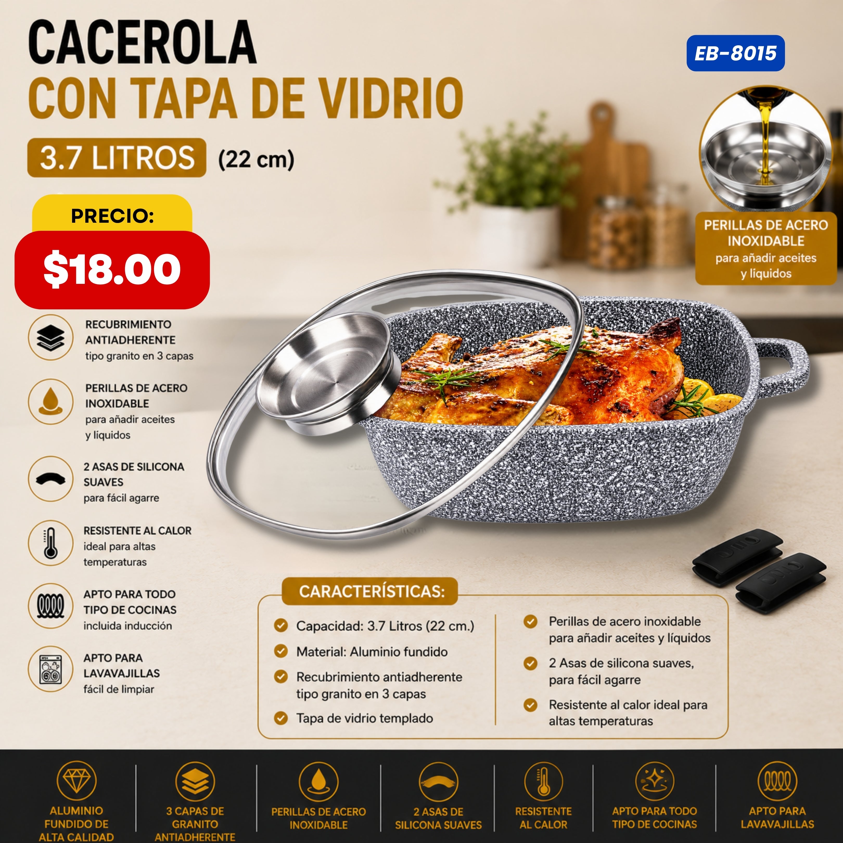 Cacerola con Tapa de Vidrio 3.7 L (22 cm) Edenberg - características y especificaciones - Ref. EB-8015