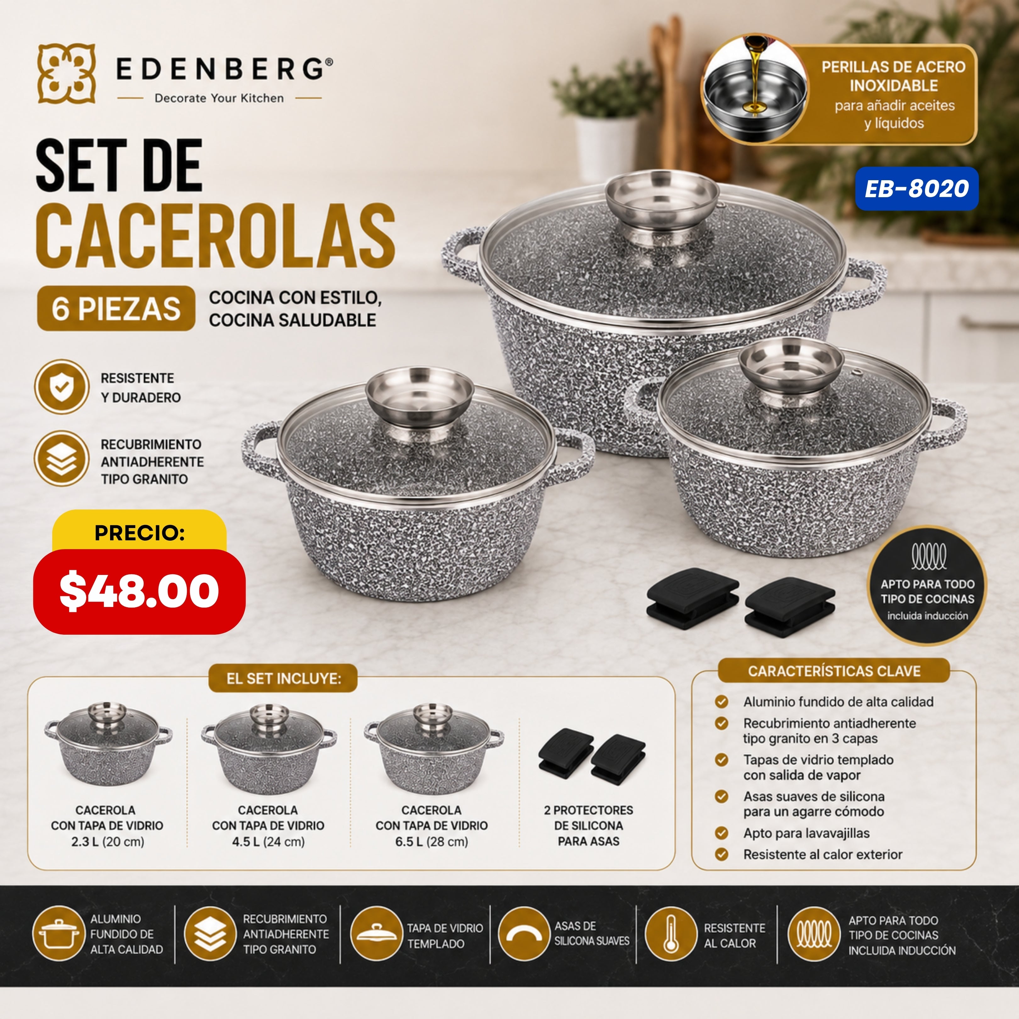 Set de Cacerolas 6 Piezas — Granito Edenberg - características y especificaciones - Ref. EB-8020