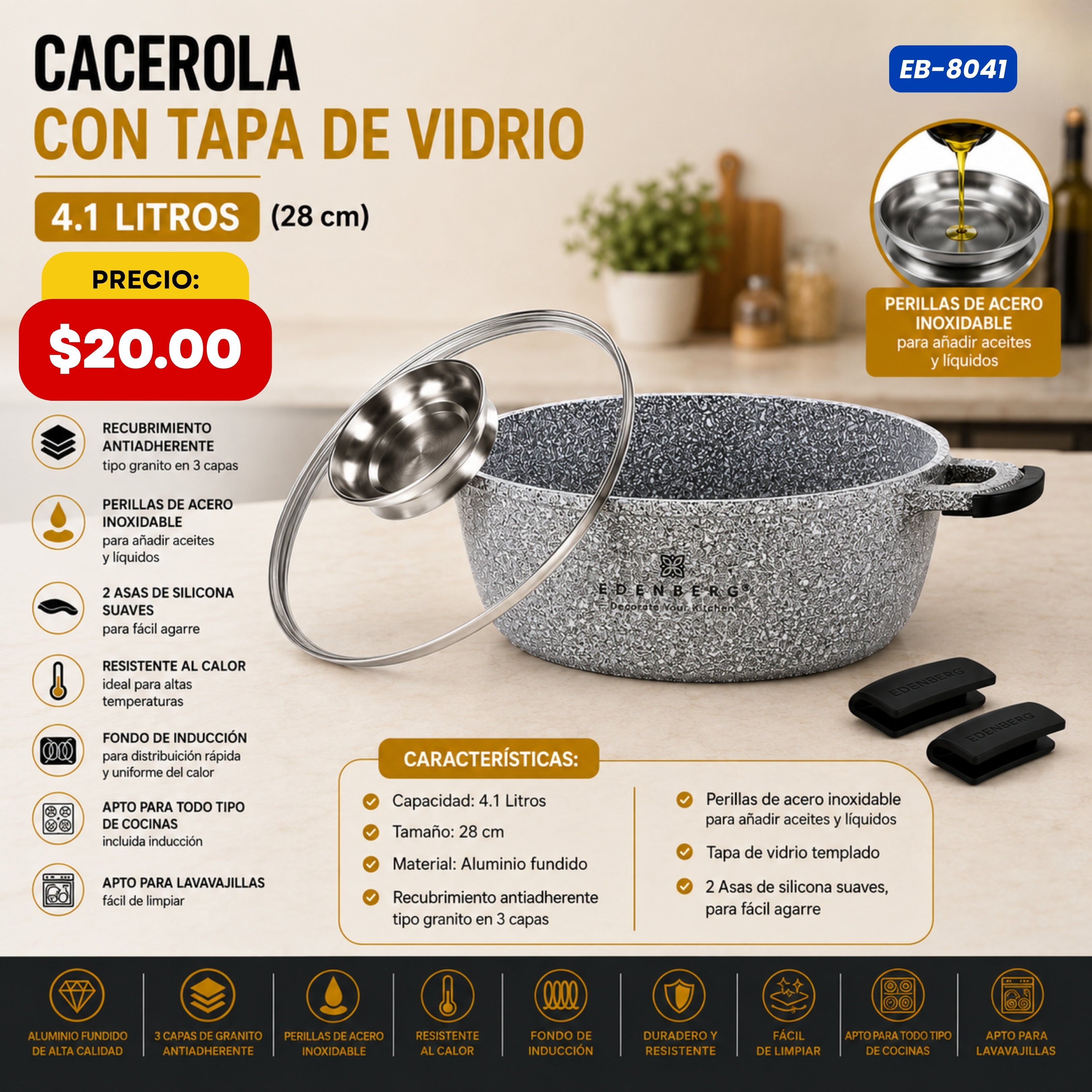 Cacerola con Tapa de Vidrio 4.1 L (28 cm) Edenberg - características y especificaciones - Ref. EB-8041