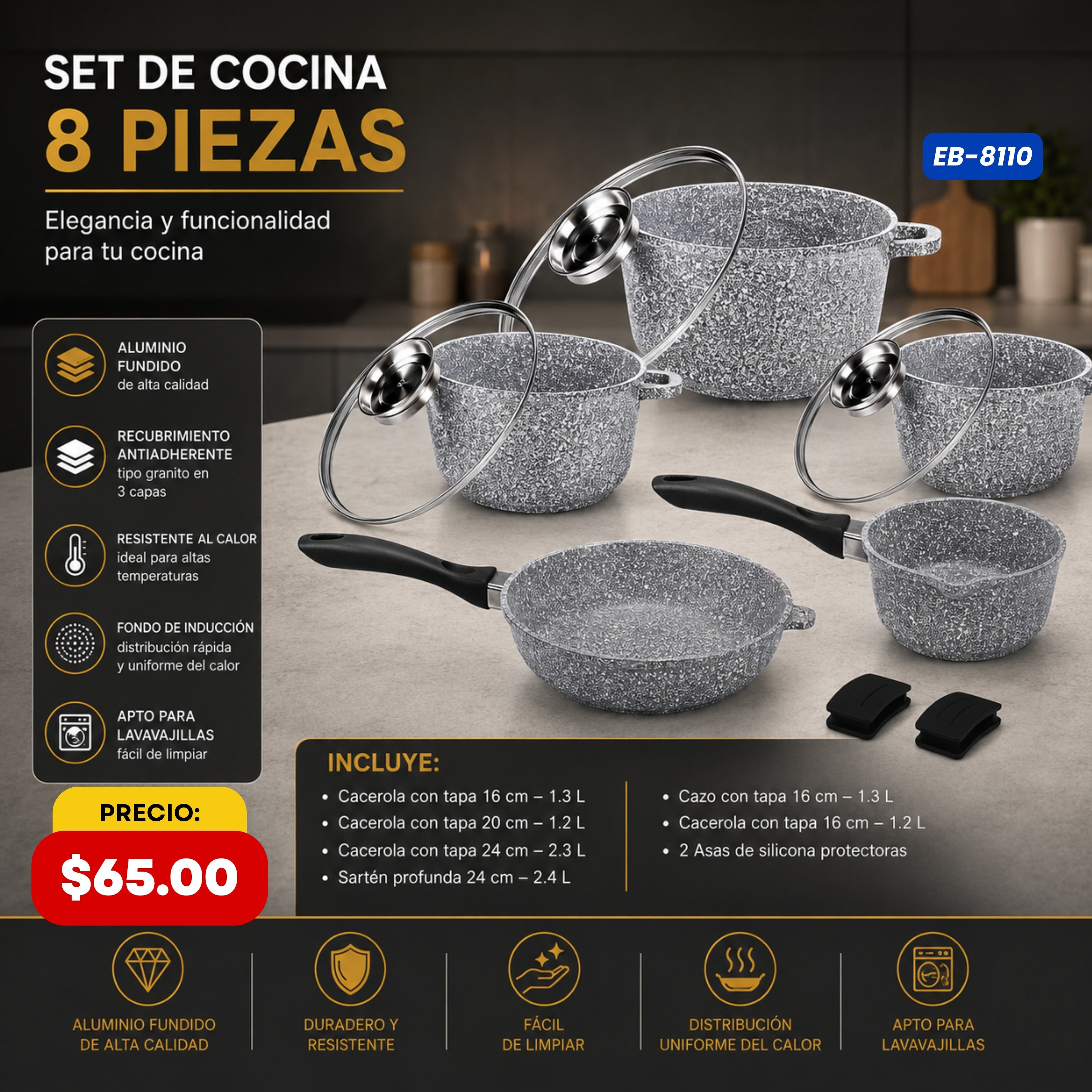 Set de Cocina 8 Piezas — Granito Edenberg - características y especificaciones - Ref. EB-8110