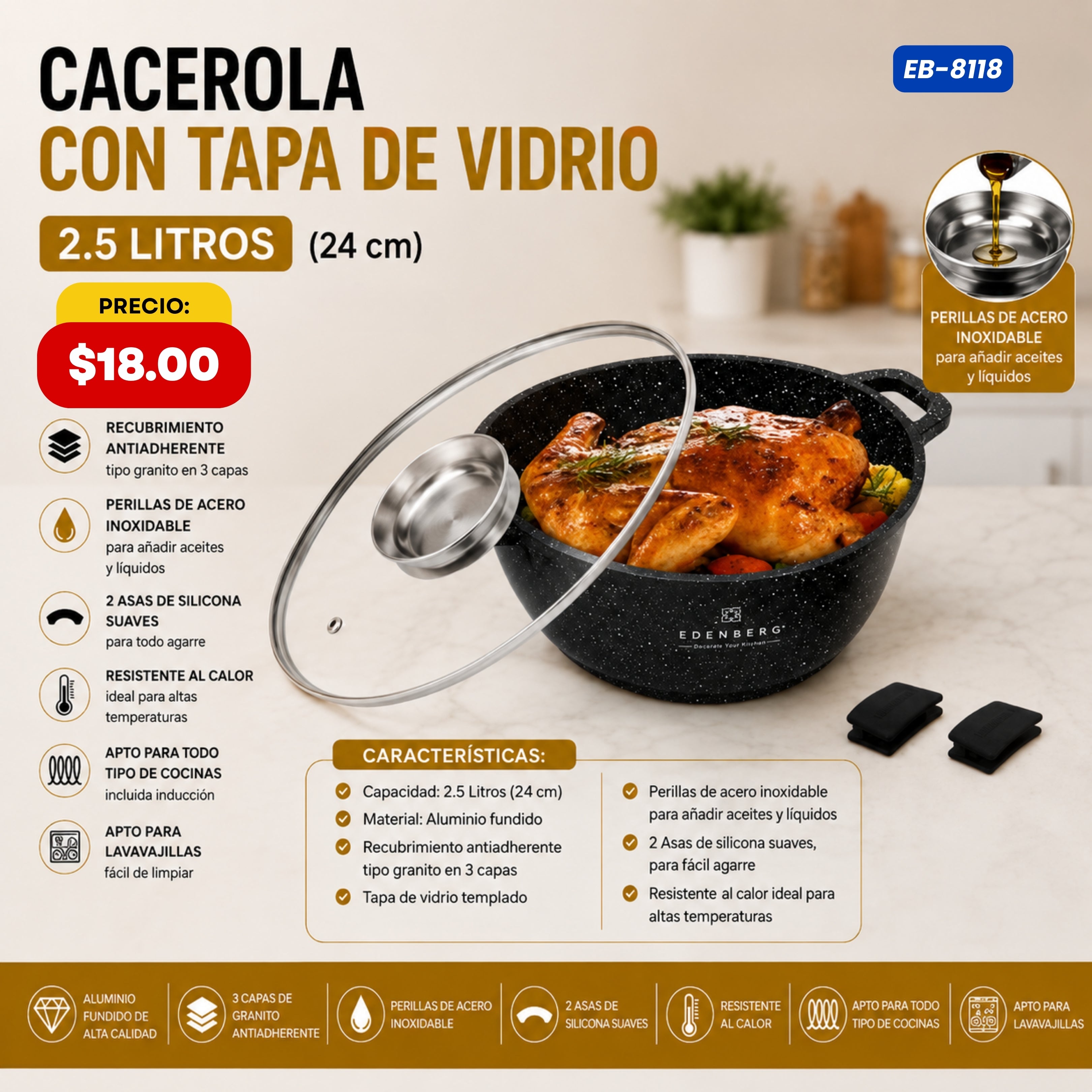 Cacerola Honda con Tapa de Vidrio (24 cm) Edenberg - características y especificaciones - Ref. EB-8118