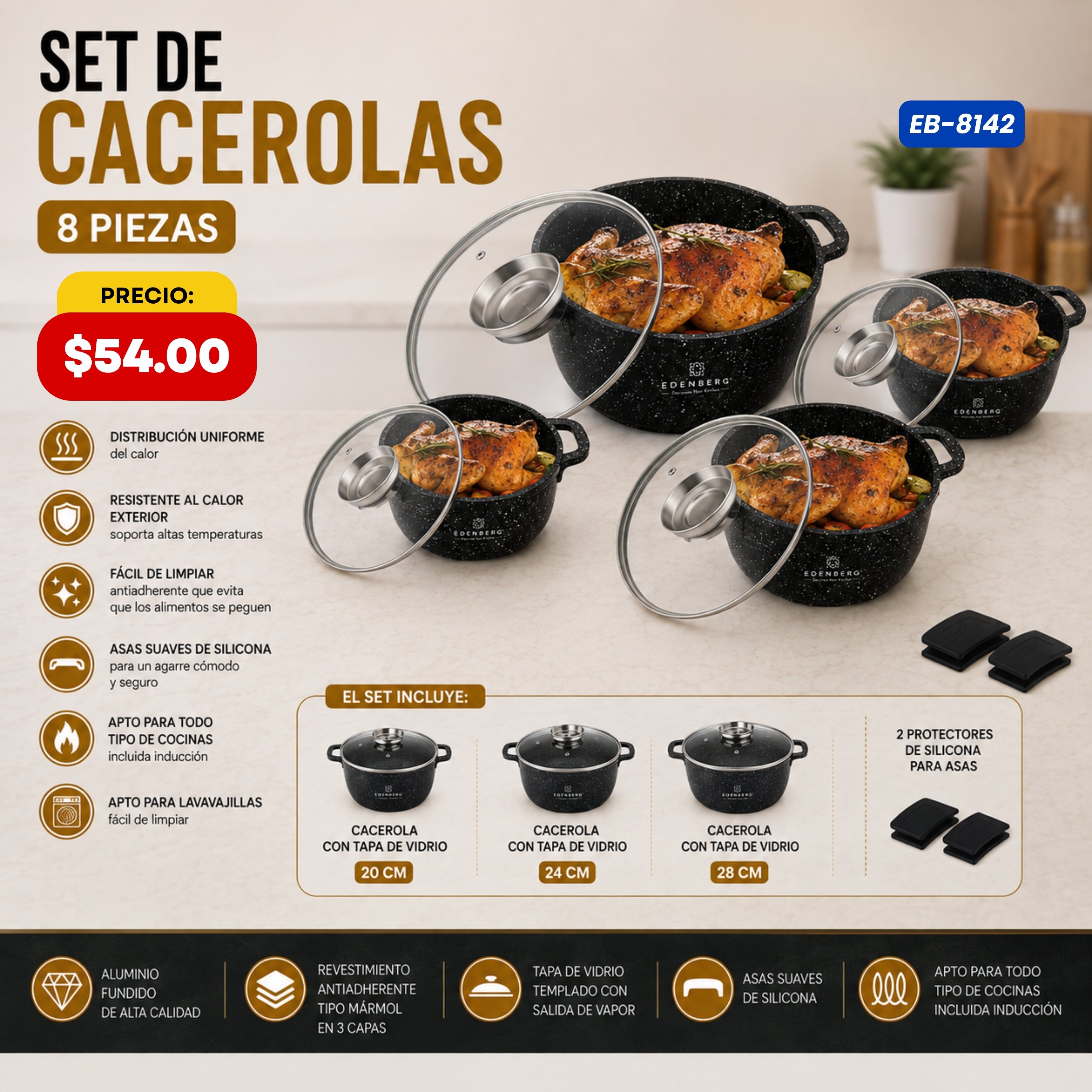Set de Cacerolas 8 Piezas Edenberg - características y especificaciones - Ref. EB-8142
