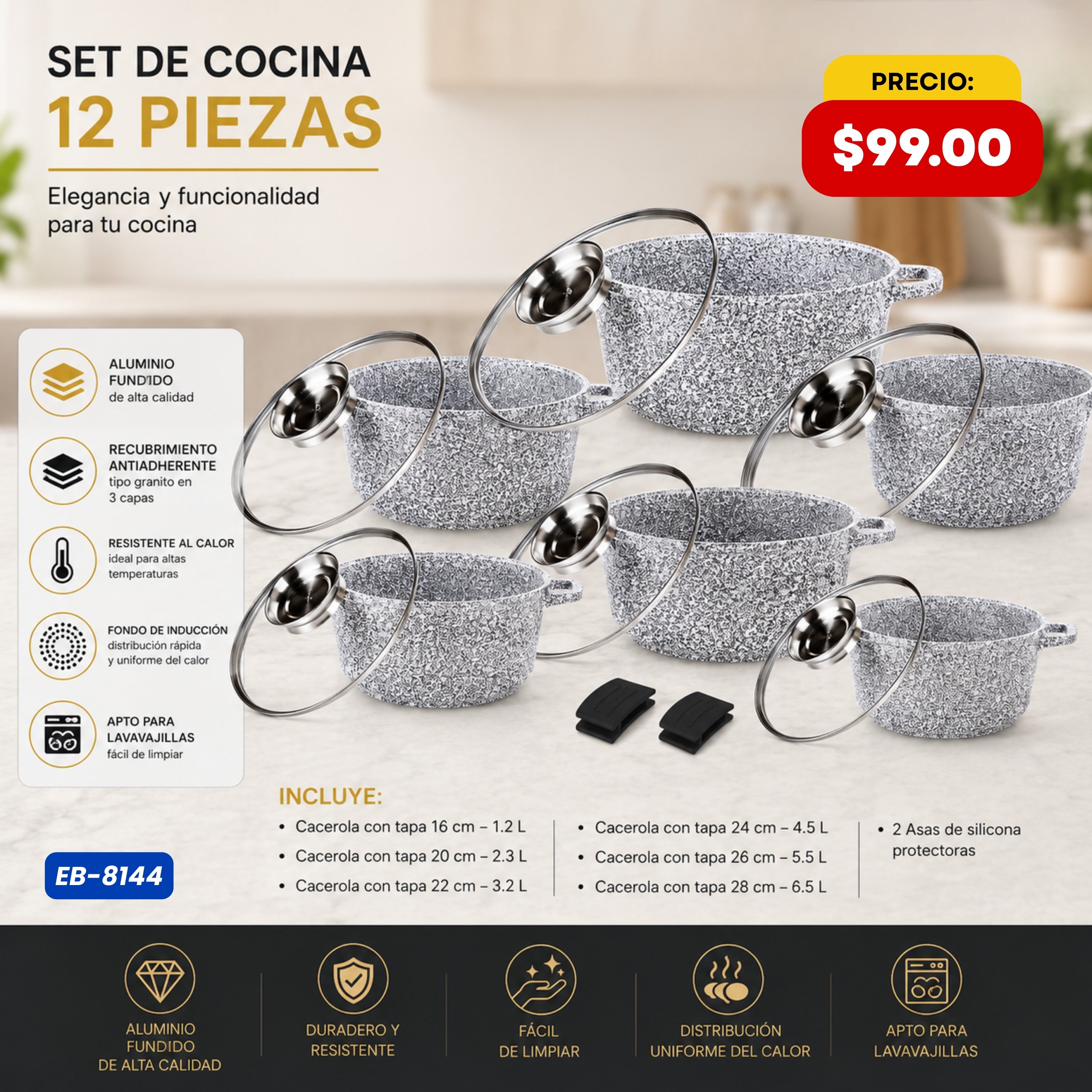 Set de Cocina 12 Piezas — Granito Edenberg - características y especificaciones - Ref. EB-8144