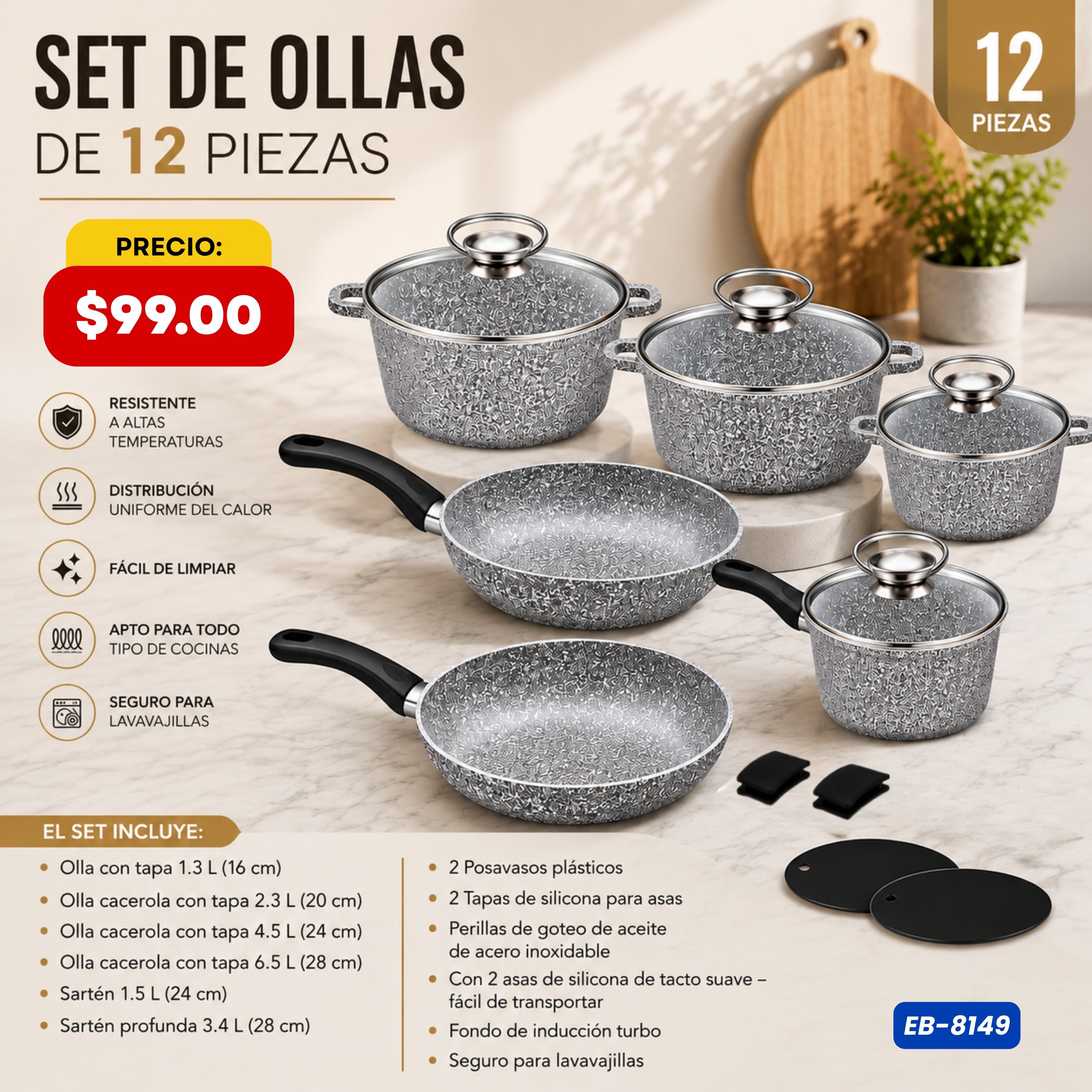 Set de Ollas y Sartenes 12 Piezas — Granito Edenberg - características y especificaciones - Ref. EB-8149