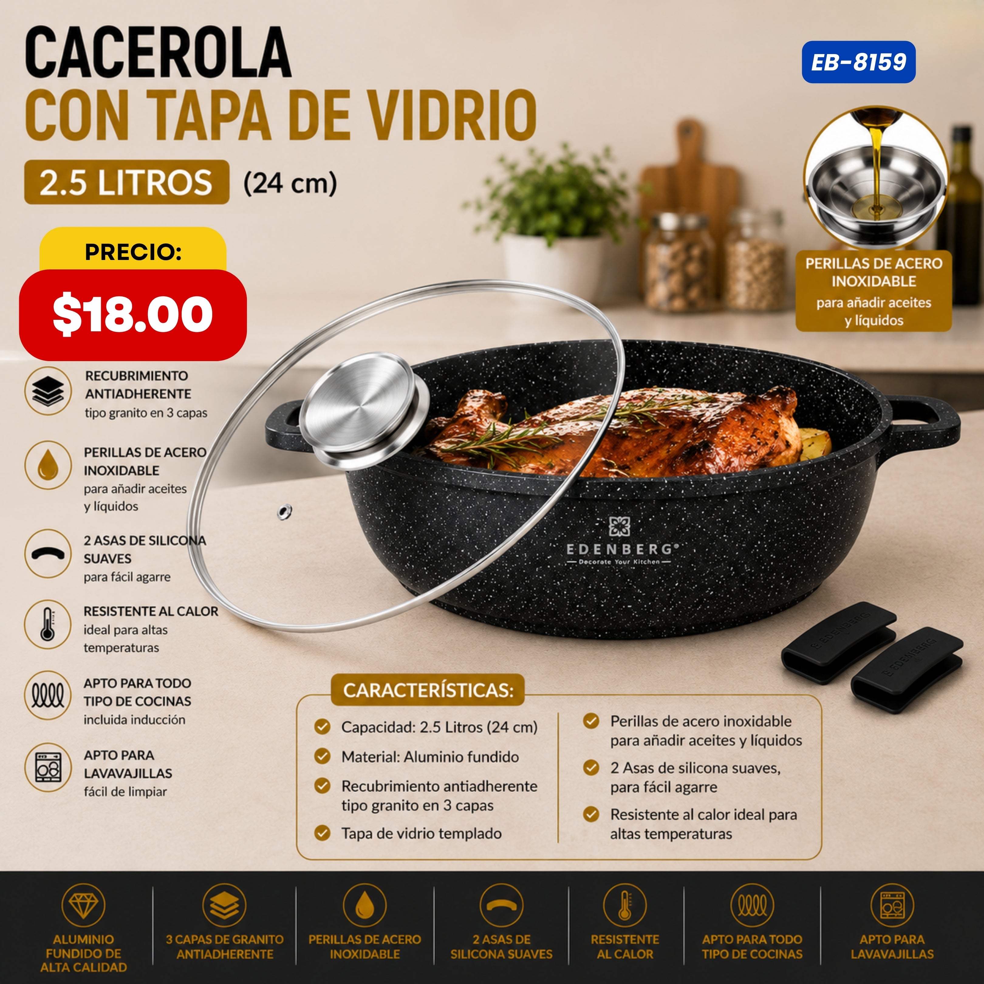 Cacerola Baja con Tapa de Vidrio 2.5 L (24 cm) Edenberg - características y especificaciones - Ref. EB-8159