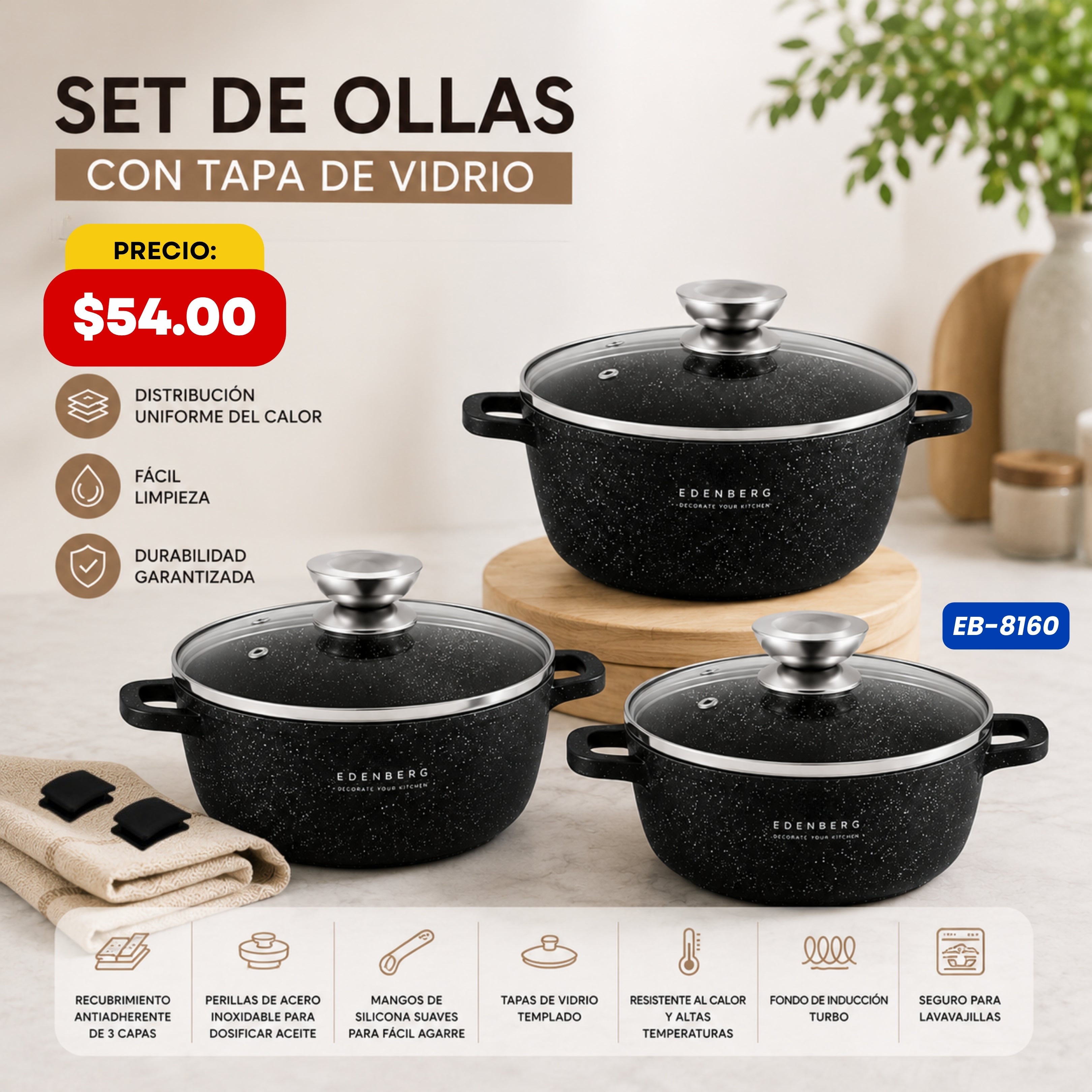 Set de Ollas 6 Piezas con Tapa de Vidrio Edenberg - características y especificaciones - Ref. EB-8160