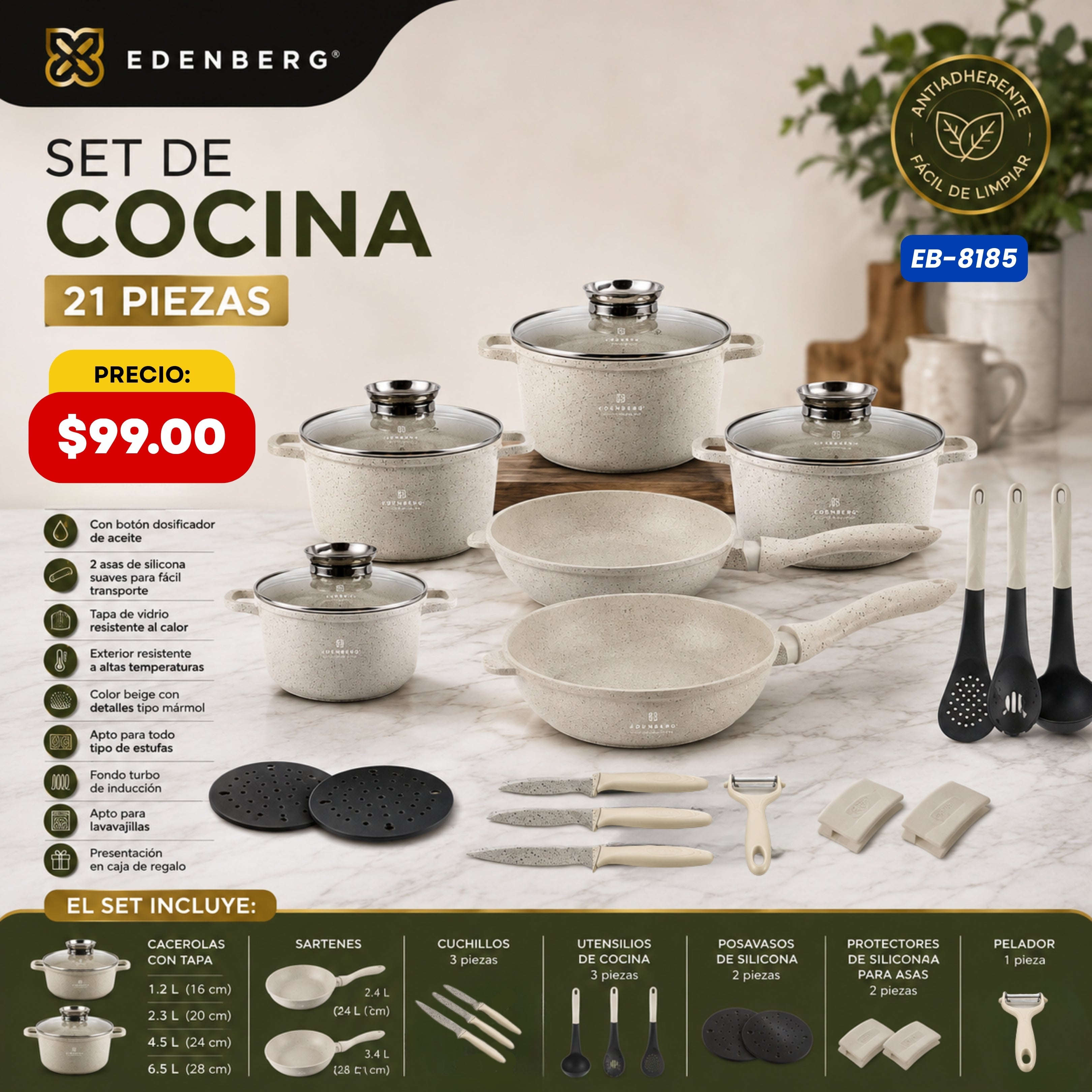 Set de Cocina 21 Piezas — Beige Edenberg - características y especificaciones - Ref. EB-8185