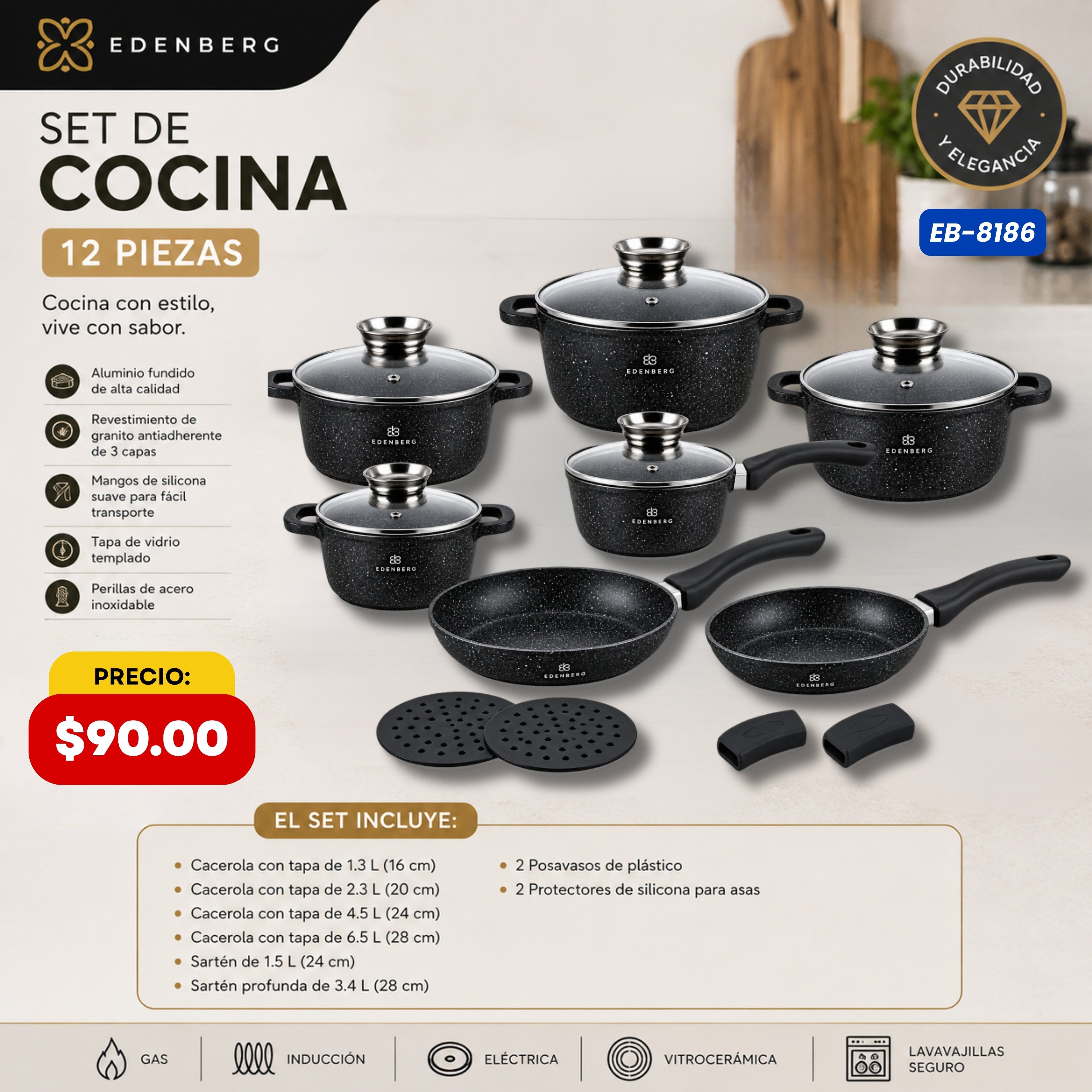 Set de Cocina 12 Piezas — Granito Negro Edenberg - características y especificaciones - Ref. EB-8186