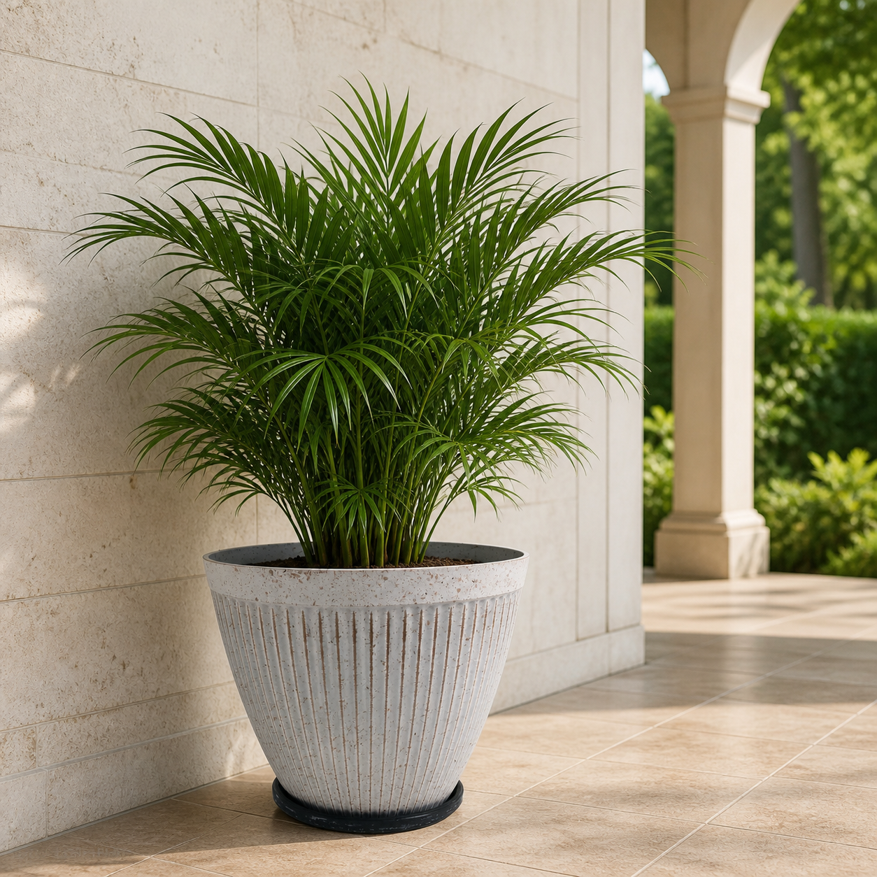 Macetero blanco 42x35 cm con palma en terraza