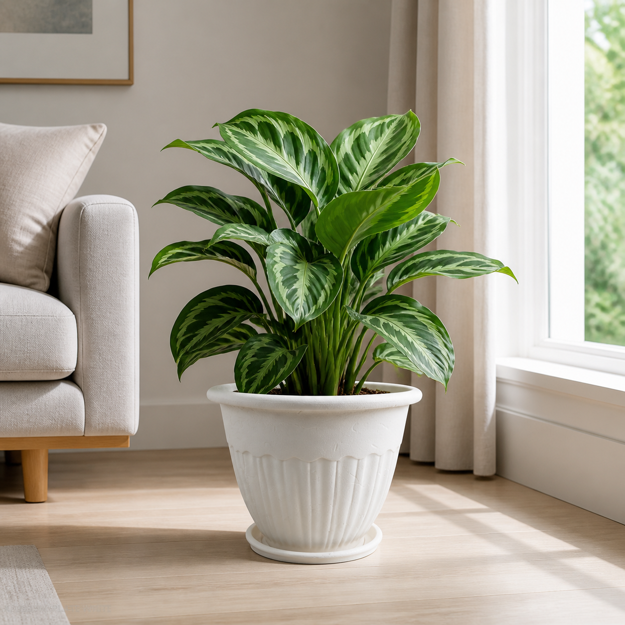 Macetero blanco 38.5x31 cm con planta en sala
