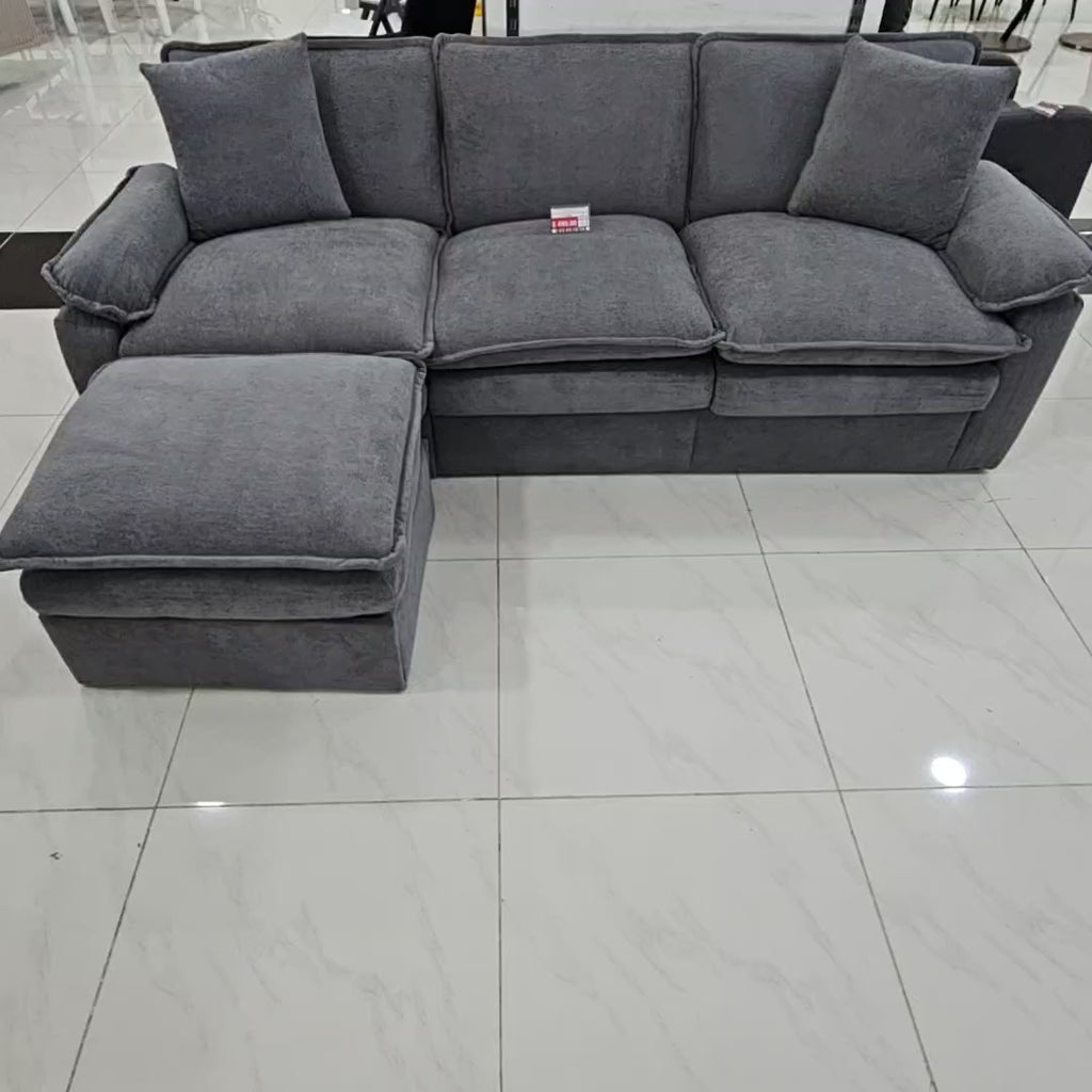 Sofá Comprimido en L de 3 Puestos con Taburete en Chenille Gris 224 cm